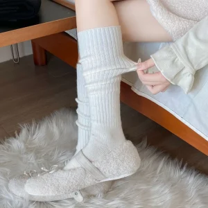 Warm Autumn Knitted Wool Spandex Dress Calf Socks Stripes Women Knee-high Daily Use