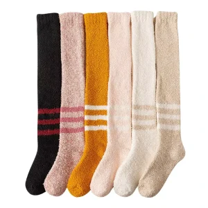 Warmer Coral Fleece Ladies Thigh High Dress Socks Striped Floor Room Over the Knee Women Fuzzy Socks Daily Use