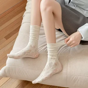 White Black Anti Bacterial Crew Socks for Women’s Summer Thin Lace Trimmed Daily Use JK Calf Socks