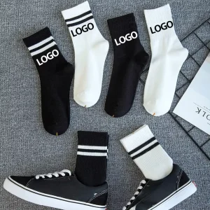 White Black Color Striped Casual Sock Cotton Soft Crew Custom Logo Women Men Socks