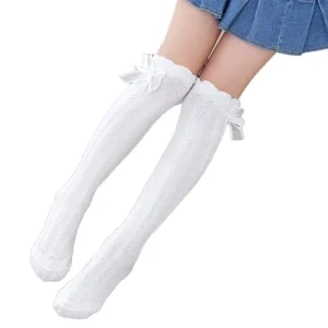 White Casual Breathable Knitted School Socks with Bow for Girls Crew Socks