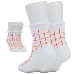 White Cotton Children’s Sport Socks with Square Check Pattern Bottom Logo String Selvage for Spring Season