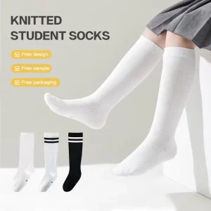 White Cotton Knitted Student Socks for Spring Summer Casual Style Tube & Boneless Mesh Children’s Socks Parallel Bars Design