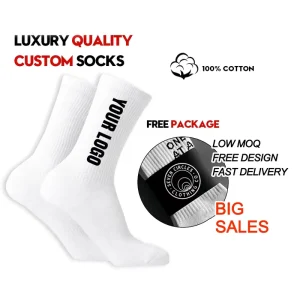 White Crew Socks Men Cotton Knitted Casual Jacquard Embroidery Custom Socks 100% Cotton Unisex Gym Socks With Logo