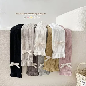 White Knit Nine Point Pants for Girls Breathable Bow Leggings with Casual Jumpsuit Socks for Spring Autumn Children’s Outer Wear