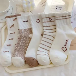 White Women’s Crew Socks Knitted Breathable Polyester Spandex Casual Printed Spring Summer Autumn Korean Cute Design for Women