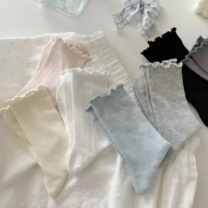White Women’s Summer Lightweight Knee High Socks Sweet Lace Trimmed Socks Ruffle Edged Socks Bone Free Puffy Cotton Socks