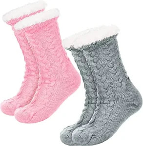 Winter Christmas Fuzzy Socks Fleece lined Non Slip Sherpa Socks Cable Knit Women’s Warm Slipper Socks With Gripper