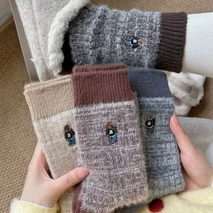 Winter Cozy Cashmere Wool Sock Solid Warm Thicken Embroidered Logo Mid Calf Socks Snow Boot Socks
