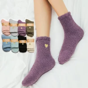 Winter Fuzzy Embroidered Love Pattern Socks Indoor Cute Cozy Warm Fluffy Plush Bed Coral Fleece Socks for Women Girls