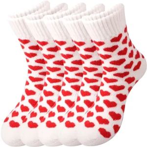 Winter Red Heart Jacquard Socks for Women Warm Cozy Terry Breathable Plus Fleece Thick Knitted Socks Puffy Cozy Socks