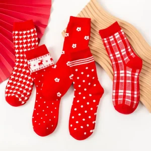 Winter Red Thermal Socks Elk Floral Dotted Striped Thick Quality Socks Plaid Women Socks
