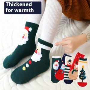 Winter Red Thick Knitted Terry Crew Socks for Children with Cartoon Print Breathable Cotton Body Logo Warm Socks
