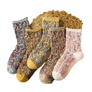 Winter Rolled Edge Small Floral Socks Cotton Socks Women’s Socks