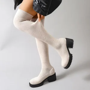 Winter Spring Large Size Flying Knit Knitted Stretch Sock Elastic Fabric Boot Slim Fit Long Slip On Thigh High Boots for Women