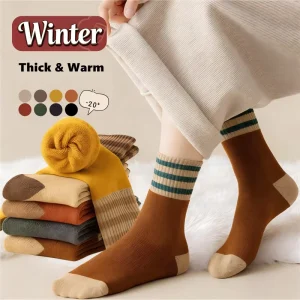 Winter Striped Fleece Lined Terry Loop Mid Calf Socks 100% Polyester Thick Cushion Warm Thermal Socks Women