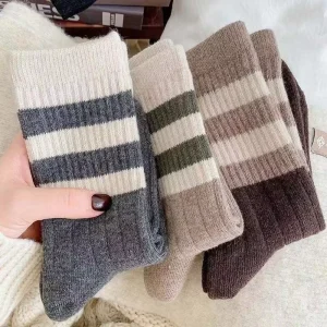 Winter Thermal Solid Color Striped Lines Ladies Breathable Cotton Plain Color Woman Tube Womens Socks