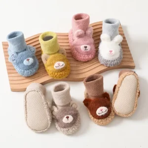 Winter Thick Fluffy Warm Silica Gel Soles Baby Shoes Socks Cute Cartoon Doll Fuzzy Warm Non slip Baby Floor Socks