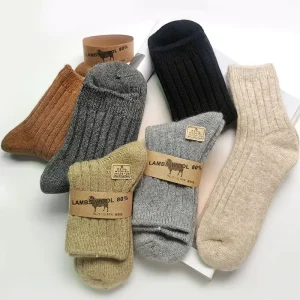 Winter Thick Warm Breathable Woven Crew Socks Solid Color 80% Lamb Wool Daily Use