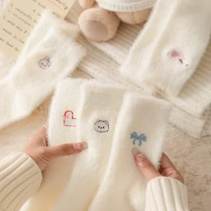 Winter Warm Crew Socks Women Fleece Lined Thickened Milky White Fluffy Cute Geometric Embroidery Slouch Socks Daily