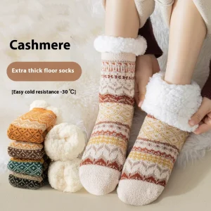 Winter Women Knitted Sherpa Fleece Lined Thermal Anti Slip Cuff Slipper Socks Custom Breathable Home Sleep Crew OEM