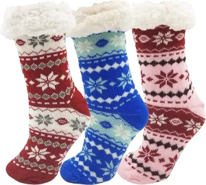 Winter Women’s Anti Slip Fleece-lined Fluffy Socks Christmas Stocking White Plush Cuff Sleeping Socks with Grip