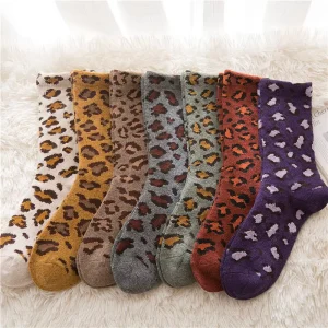 Winter Women’s Leopard Socks Plain Color Plush Knitting Socks for Ladies