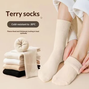 Winter Women’s Mid-Calf Thick Fleece-Lined Terry Thermal Socks Jacquard Weave Solid Pattern Print Decoration Socks