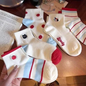 Women Colorful Cute Polka Dot Striped Cotton Socks Summer Thin Animal Fruit Embroidery Short Socks