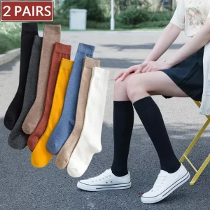 Women Cotton Knee High Socks Black White Solid Color Fashion Casual Calf Sock Female Girl Party Dancing Sexy Long Socks