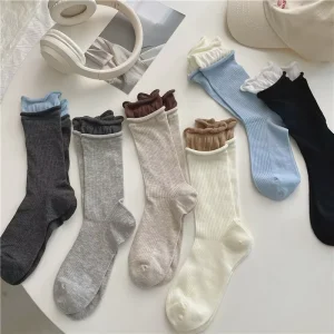 Women Cotton Socks Medium Tube Knitted Loose Long Soft Solid Color Casual Black White Breathable Summer Thin Socks