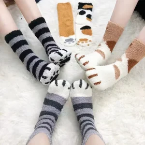 Women Crew Thick Cute Cat Paw Fuzzy Winter Warm Fluffy Slipper Socks Soft Cozy Plush Home Sleep Maternity Custom