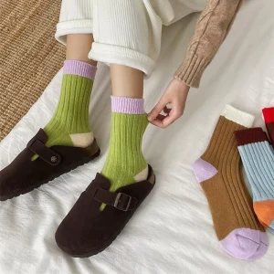 Women Fashion Korean Style Winter Breathable Crew Warm Double Knit Solid Socks