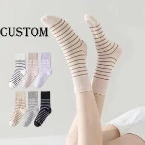Women Men Mid Cuff Knit Cotton Crew Casual Socks Striped Deodorant and Moisture wicking Socks