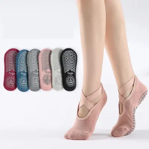 Women Non Slip Yoga Socks with Cross Straps Thick Terry Cotton Pilates Socks for Dance Fitness Sweat Wicking Grip Socks