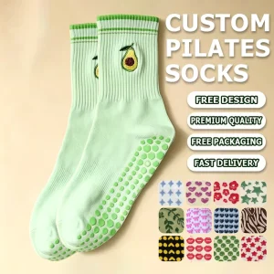 Women Organic Cotton Custom Socks Antislip Crew Grip Breathable Yoga Socks Jacquard Design Sports Pilates Socks