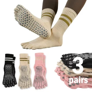 Women Striped Long Yoga Socks Five finger Socks Pilates Socks Professional Women’s Non slip Mid length Sports Fingering