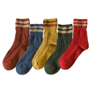Women Vintage Striped Wool Socks ODM Fall Winter Warm Thick Hiking Crew Knit Soft Socks 5 Pairs Striped-a