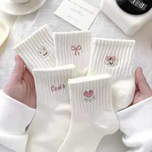 Women White Trendy Cute Solid Color Mid Calf Socks Warm Comfortable Thermal Cotton Socks Breathable Knitted Socks