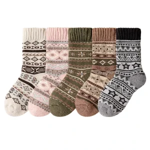 Women Winter Fashion Indoor Thick Knitted Wool Socks Fleece Lined Thick Warm Mid Calf Pattern Socks for Cold Winter