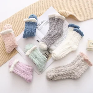 Women Winter Warm Socks Coral Fleece Socks Middle Tube Cute Home Solid Stocking Women