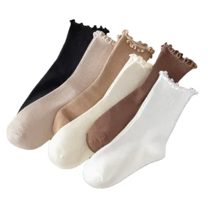 Women’s Ankle-Length Anti-Slip Anti-Bacterial Socks Solid Color Japanese Cotton Frill Knitted Cute Ruffle Design Cuff