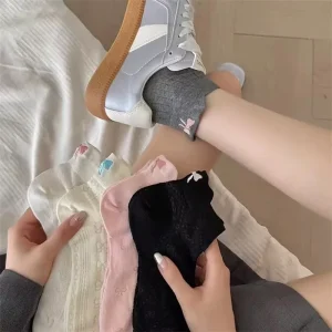 Women’s Ankle Socks Bowknot Back Heel Spring Summer Thin Solid Color Breathable Knitted Cotton Mesh Socks