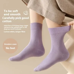 Women’s Antibacterial Cotton Mid Tube Socks Sweat-Absorbent and Non-Balling All-In-One Boneless Solid Color Socks for Spring