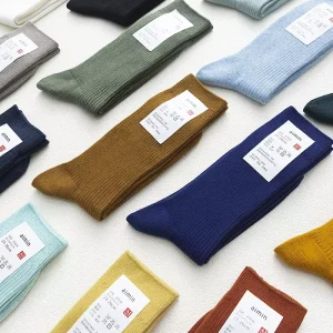 Women’s Autumn Casual Cotton Anti-Bacterial Breathable Solid Color Ribbed Knitted Cuff Socks-Standard Thickness