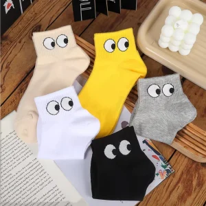 Women’s Autumn Crew Socks Cute Eyes Pure Color Slouch Style Custom Cuff Anti-Slip Woven Technique for Daily