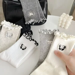 Women’s Autumn Fashion Casual Sports Solid Color White Cotton Daily Socks With Lace Cartoon Cute Embroidered Logo