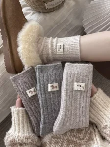 Women’s Autumn Winter Cartoon Puppy Wool Blend Mid-Calf Socks Family Pack