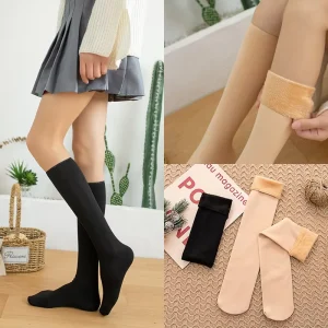 Women’s Autumn Winter Long Knee-High Cushion Socks Warm Thickened Fleece-Lined Floor Socks Knitted Over-Knee Socks