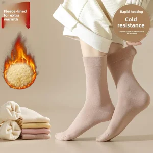 Women’s Autumn Winter Mid Calf Fleece Lined Viscose Fiber Thick Anti Slip Seamless Warm Floor Confinement Long Socks